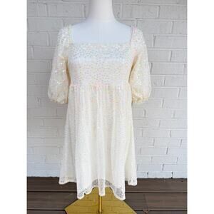 Altar’d State Small Cream Pastel Sequin Puff Sleeve Lined Midi Dress Romantic